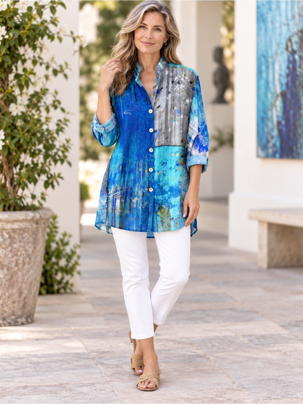 John Mark Abstract Print Wire Collar Tunic Top Lagenlook Artsy